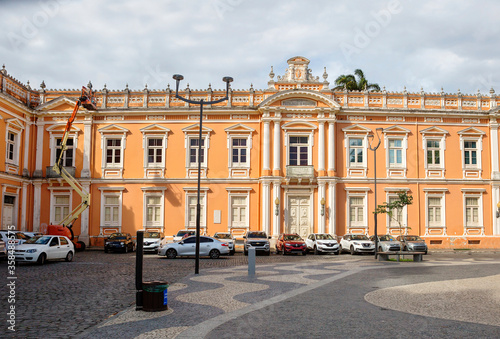 Salvador, Brazil, Museum of archaeology and Ethnology. The pink colonial-style building on the square of Jesus in Pelourinho. 