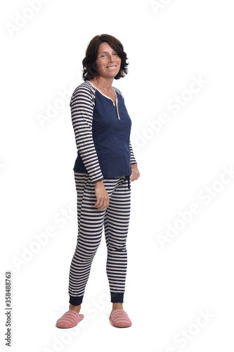 front view of a woman in pajamas on white background,