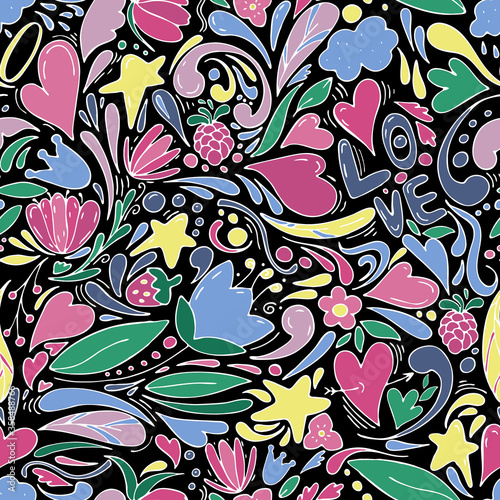 cute cartoon doodles of different shapes and colors for the girl  vector seamless pattern of flowers  stars  abstract drops in cartoon style on a black background