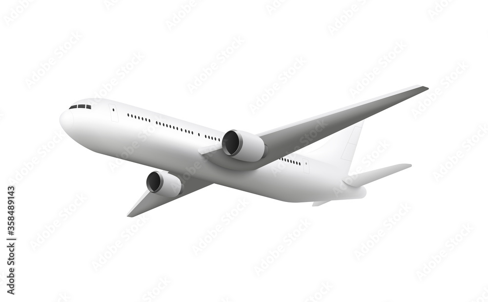 Vecteur Stock Realistic airplane flying overhead, jet aircraft mockup
