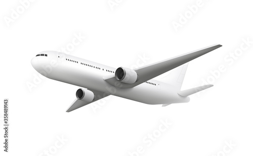 Realistic airplane flying overhead, jet aircraft mockup with blank fuselage