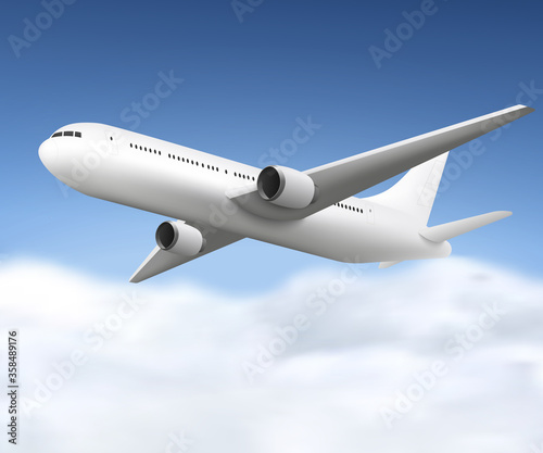 Realistic white airplane flying in blue sky with cloudsWeb