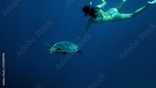 Young woman snorkeling while touching sea turtle swimming underwater - Gili Islands, Indonesia
