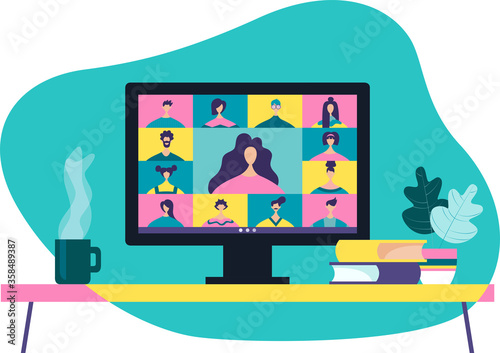 Conference video call, remote project management, quarantine, chat with friends. Vector illustration in a modern style.