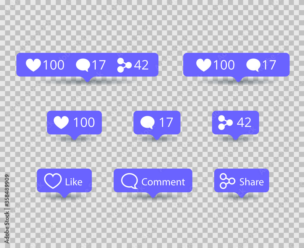 Share, like, comment icons for social network isolated on transparent background with shadow. Blue bubble notification icon set for websites, blog, mobile interfaces . Vector social media eps 10.