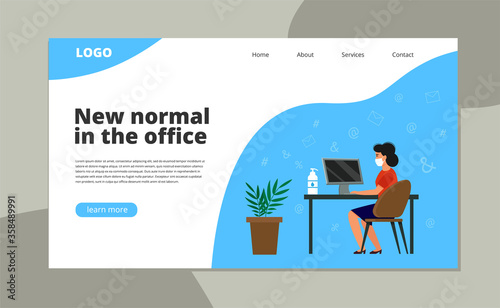 A woman in a protective medical mask is sitting at the workplace. Working in an office during a coronavirus epidemic. Concept and landing page on the topic of sanitization and protection for business.