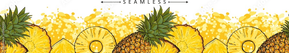 Summer pineapple or ananas seamless pattern sketch vector illustration isolated. - obrazy, fototapety, plakaty 