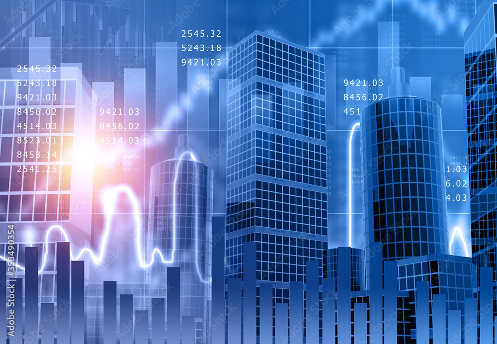 Stock market growth graph with modern city. 3d illustration Stock market growth graph with modern city. 3d illustration