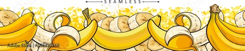 Yellow banana seamless pattern or border sketch vector illustration isolated.