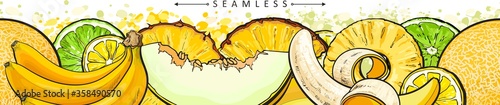 Yellow fruit seamless panorama banner, healthy organic diet food nutrition