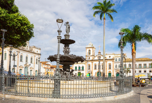 Salvador, Brazil, Fountain on the terreiro de Jesus square.
 A beautiful three-tiered fountain with a charming female sculpture at the top and sculptures of ancient Greek mythology in the lower tier i photo