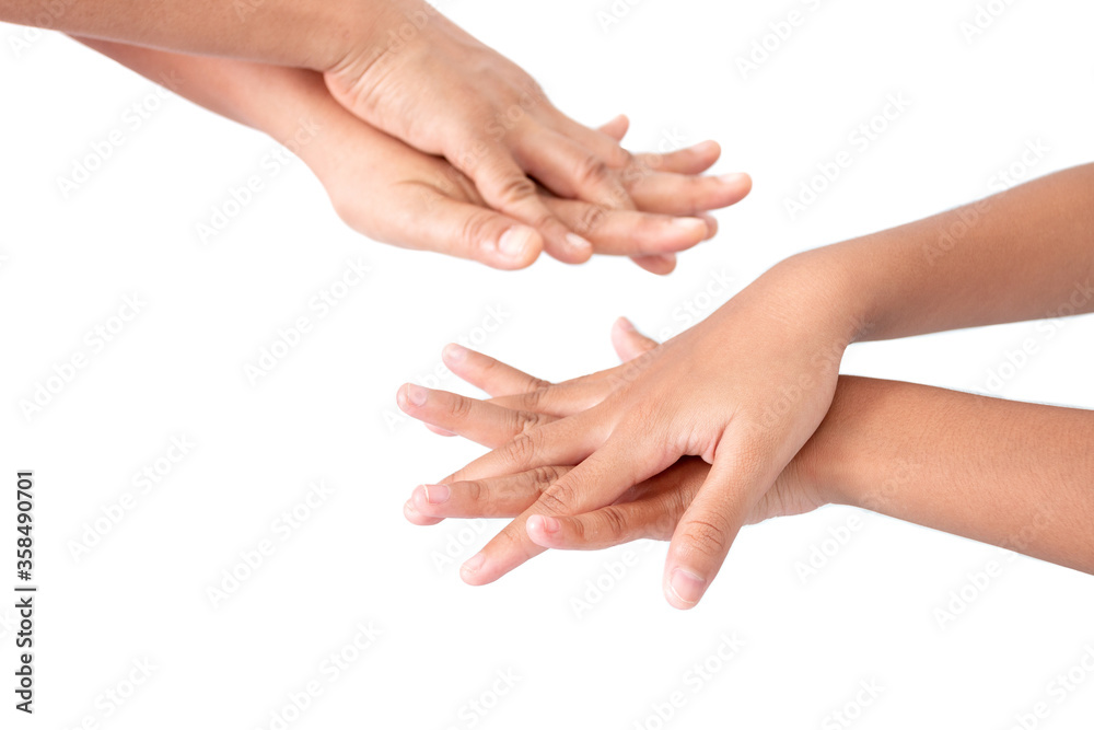 Mother teaches children to wash their hands with alcohol gel isolated on white background