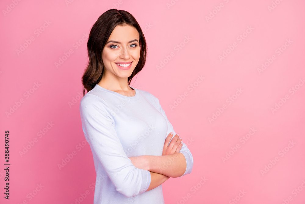 Profile photo of attractive pretty lady toothy smiling self-confident business woman arms crossed reliable person worker wear casual white pullover isolated pink color background Profile photo of attractive pretty lady toothy smiling self-confident business woman arms crossed reliable person worker wear casual white pullover isolated pink color background