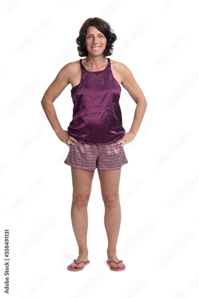 front view of summer short pajamas on white background, hands on waist front view of summer short pajamas on white background, hands on waist