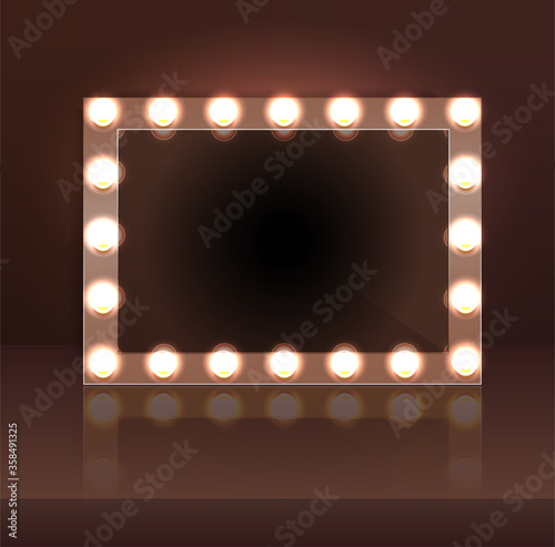 Luxury brown makeup blank mirror realistic with bulb light effect in wall background. vector illustration.