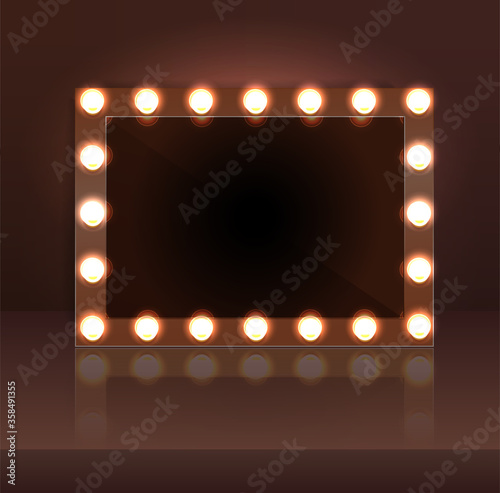 Luxury dark makeup blank mirror realistic with bulb light effect in wall background. vector illustration.