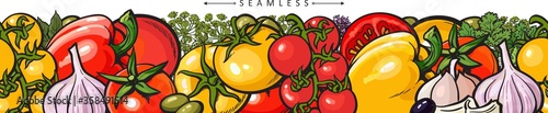 Seamless pattern with tomato, pepper and garlic vector illustration isolated.