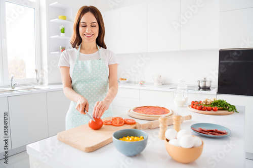 Portrait of positive cheerful housewife woman enjoy cooking junk unhealthy food cut tomato chopping board yummy pizza ingredient wear dotted apron in kitchen house indoors