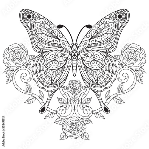Butterfly with rose. Hand drawn sketch illustration for adult coloring book.