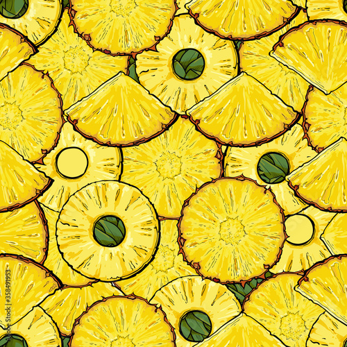 Seamless tropical pattern of pineapple or ananas sketch vector illustration.