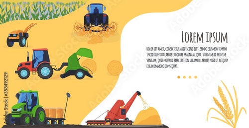 Agriculture farming vector illustration. Cartoon flat process of harvesting crops on agricultural agrarian tractor or combine harvester, cultivated countryside farm land field landscape background