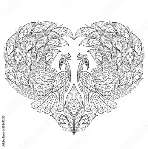 Peacock heart. Hand drawn sketch illustration for adult coloring book
