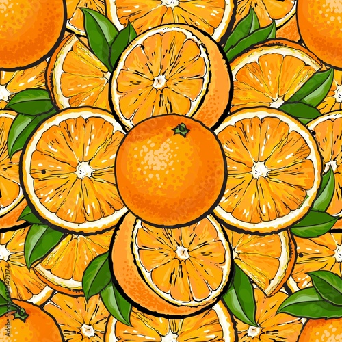 Seamless pattern of orange fruit with leaves in hand drawn cartoon style