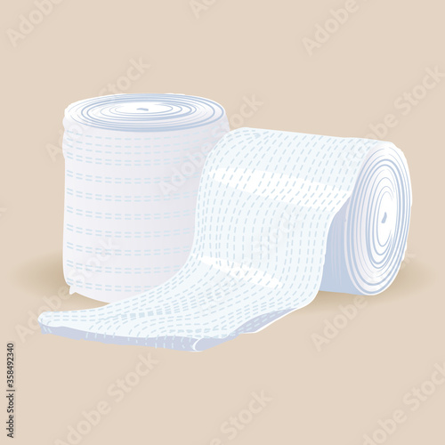 Medical bandage roll-on light brown background. A sterile bandage on light brown background. Medical bandage roll. Roll of bandage. Sterile bandage roll-on light brown.