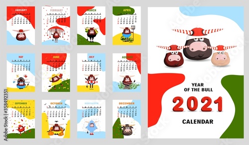 bull, white bull calendar or A4 planner for 2021 with cartoon kawaii, bull or cow, New Year symbol, cute hieroglyphs - cover and 12 monthly pages. Week starts on Sunday, vector printable template