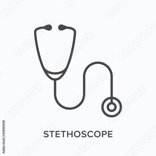 Stethoscope flat line icon. Vector outline illustration of doctor equipment. Heart diagnostic, cardiology clinic thin linear medical pictogram
