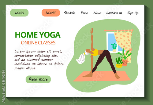 Web page template for online yoga classes.  A slender girl in a tracksuit makes an asana at home. Stock modern flat illustration concept for landing page. Website design easy to edit and customize.