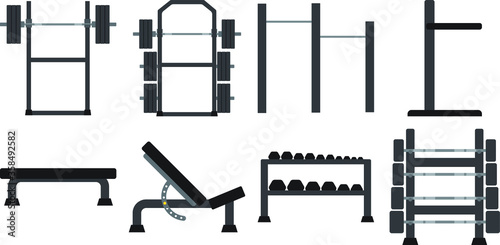 Equipment set for strength training or body building at the gym. Vector graphic.