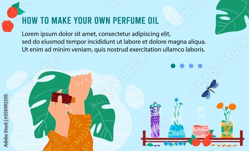 Creating your own perfume vector illustration. Cartoon flat woman creator hands holding perfume bottle with floral natural oil scent, scented flowers and herbs in vases, home beauty procedures design
