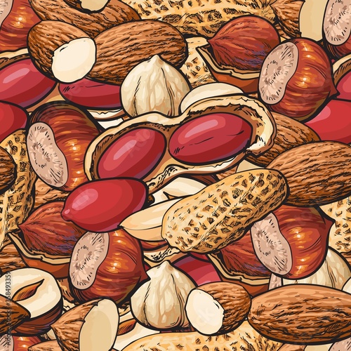 Various nuts seamless pattern with mix of peanut, almond and hazelnut vector illustration.