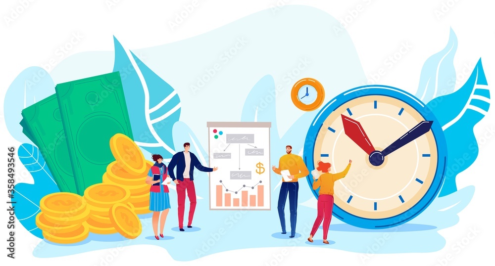 Money save concept vector illustration. Cartoon flat business people managers work on time management, stand near timer clock, saving money coins. Wealth increase business strategy isolated on white