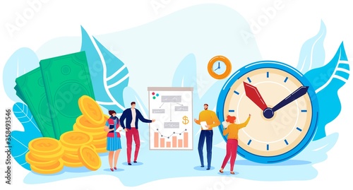 Money save concept vector illustration. Cartoon flat business people managers work on time management, stand near timer clock, saving money coins. Wealth increase business strategy isolated on white