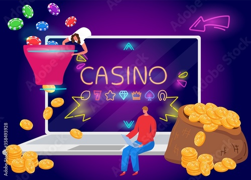 Gambling, casino online player play on laptop, money and amble chips flat vector illustration. Gambling in casino web banner, entertainment for luck play, bet and win money.