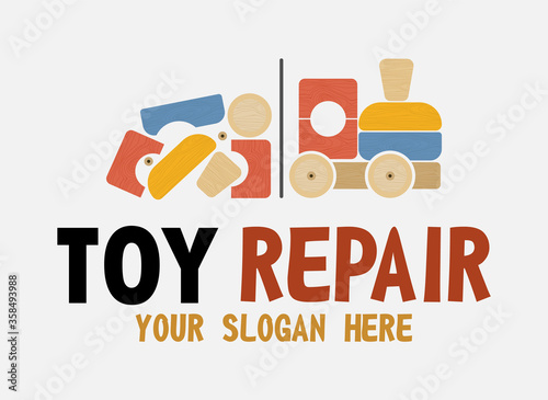 Toy Repair Shop vector isolated logo. Concept of fix Antique old Toys. Before and after Toys Restoration Service concept.