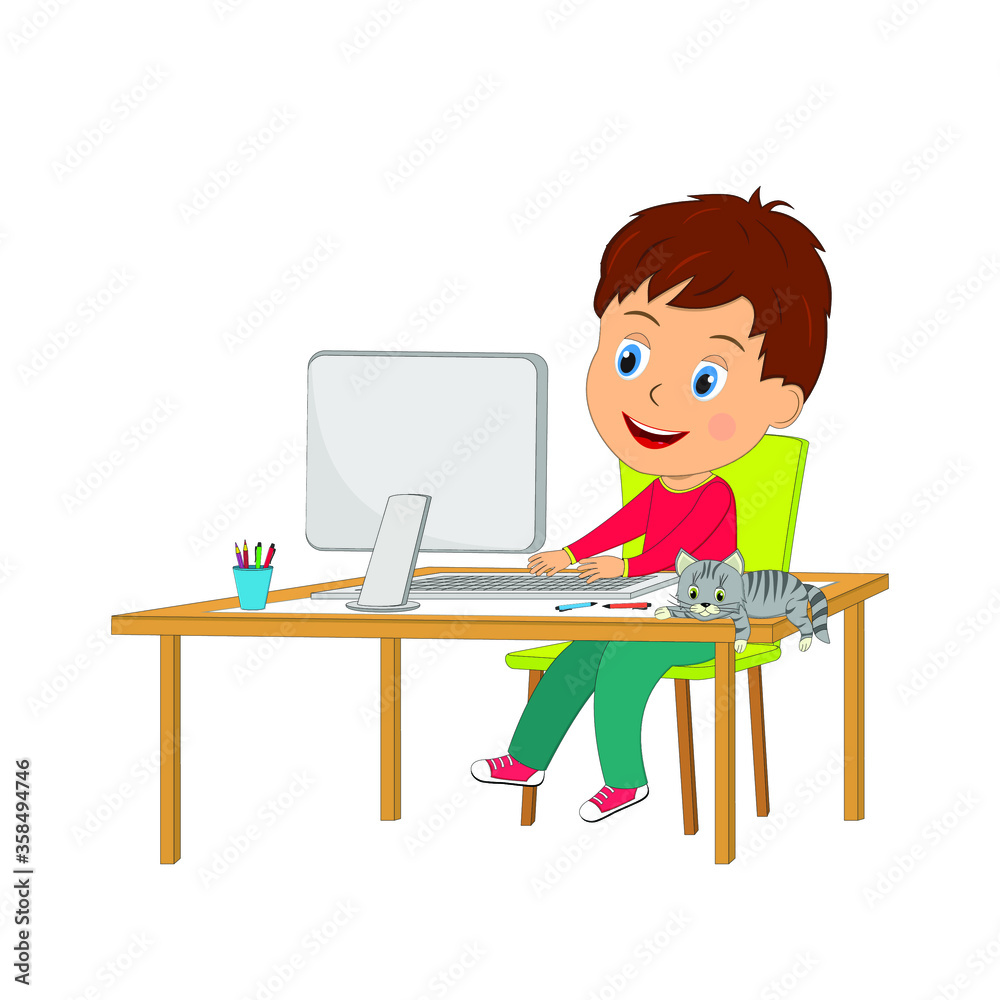 Little cartoon boy using computer,illustration,vector Little cartoon boy using computer,illustration,vector