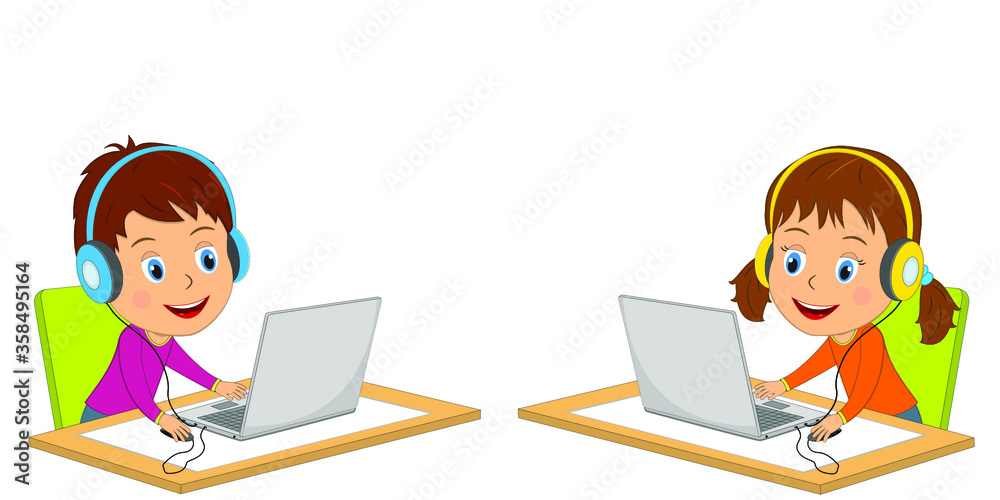 kids,boy and girl using computer,illustration,vector kids,boy and girl using computer,illustration,vector