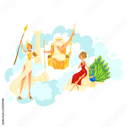 Character greek male female sitting sky kingdom, cloudy heaven place isolated on white, cartoon vector illustration. Zeus Hera with peacock, Artemis people ancient hellenic mythology history.