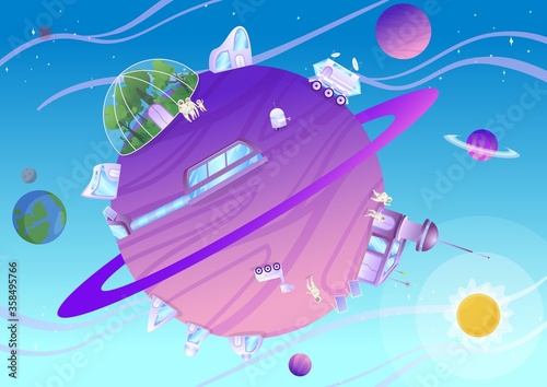 Colonization of planet, exploration and terraforming of earth satellite, vector illustration. Futuristic landscape with planets, astronaut, space base for humans, greenery under dome and spaceship.