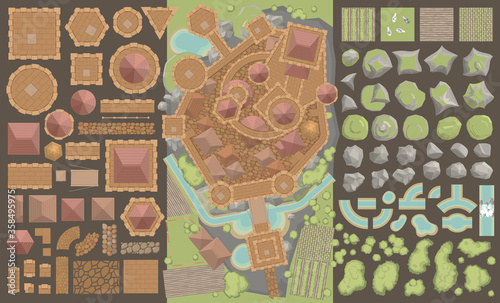 Vector set. Castle top view. 
Towers, walls, tiled roofs, pavement, rocks, moat. (View from above) 
A collection of architectural elements for medieval castles, cities, fortresses, buildings.