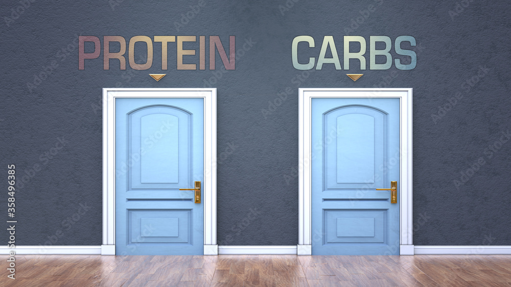 Protein and carbs as a choice - pictured as words Protein, carbs on doors to show that Protein and carbs are opposite options while making decision, 3d illustration Protein and carbs as a choice - pictured as words Protein, carbs on doors to show that Protein and carbs are opposite options while making decision, 3d illustration