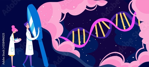 Discovery, science, microbiology, dna study vector illustration. Experiment and scientific research study, scientists in lab researching molecule structure, biotechnology and biology.