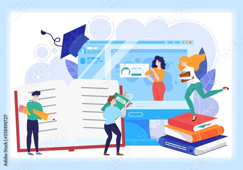 Education online, educational web seminar, internet classes, professional personal teacher service vector illustration. Teacher in computer, books and tiny people educating, learning courses online.