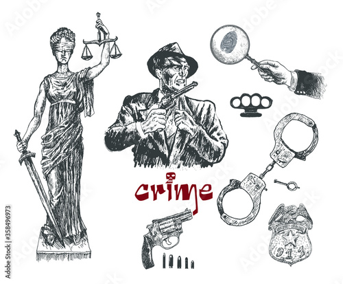 Criminal set. Femida, man with a revolver, bullets, casting, hand with a magnifying glass, handcuffs and a police officer 's token