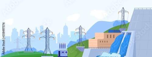 Hydropower station generator vector illustration. Cartoon flat landscape with power generating hydroelectric plant on water river dam, power lines. Alternative eco green renewable energy background photo