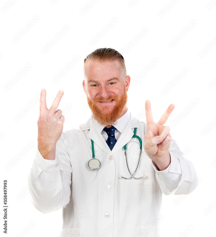 Winner redhead doctor doing victory sign Winner redhead doctor doing victory sign