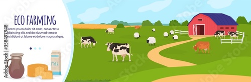 Farm agriculture vector illustration. Cartoon flat countryside landscape with cattle farm, cow grazing on green rural farmfield, eco agricultural production of organic milk, dairy products background